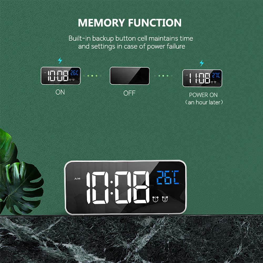 Mini Slim LED Mirror Display Voice Control Bedside Clock,4 Levels Adjustable Brightness Dimmer