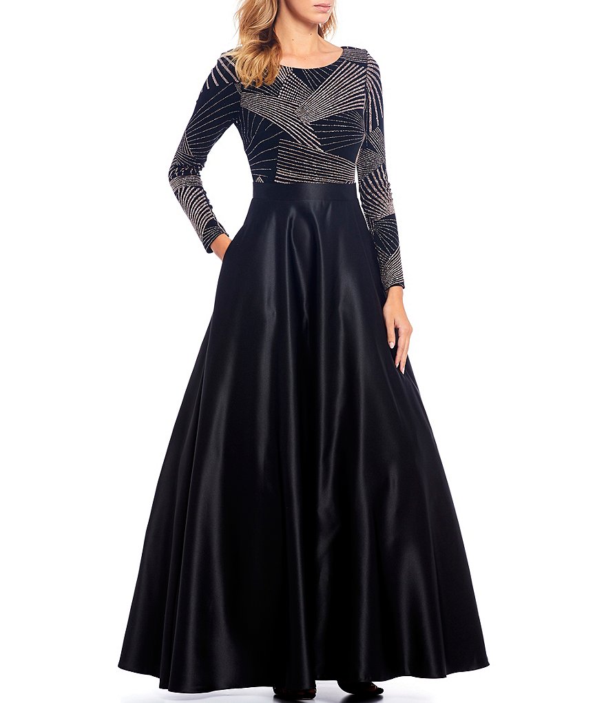 Betsy & Adam Beaded Bodice Long Sleeve Ball Gown