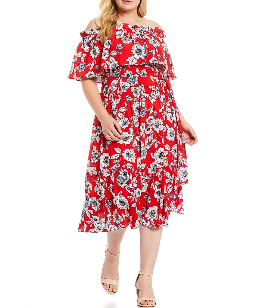 Eliza J Plus Size Off-the-Shoulder Short Sleeve Smocked Waist Floral Dress