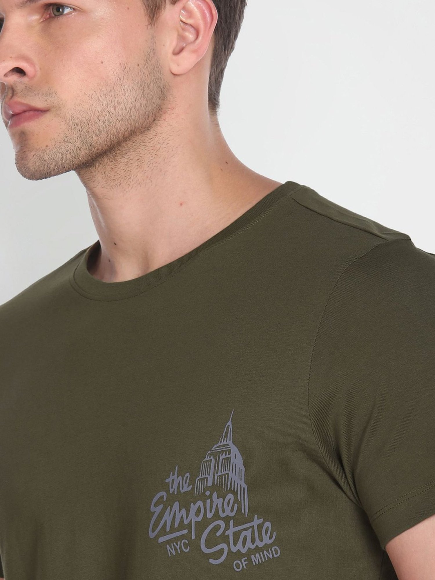 Arrow Sport Olive Cotton Regular Fit Printed T-Shirt