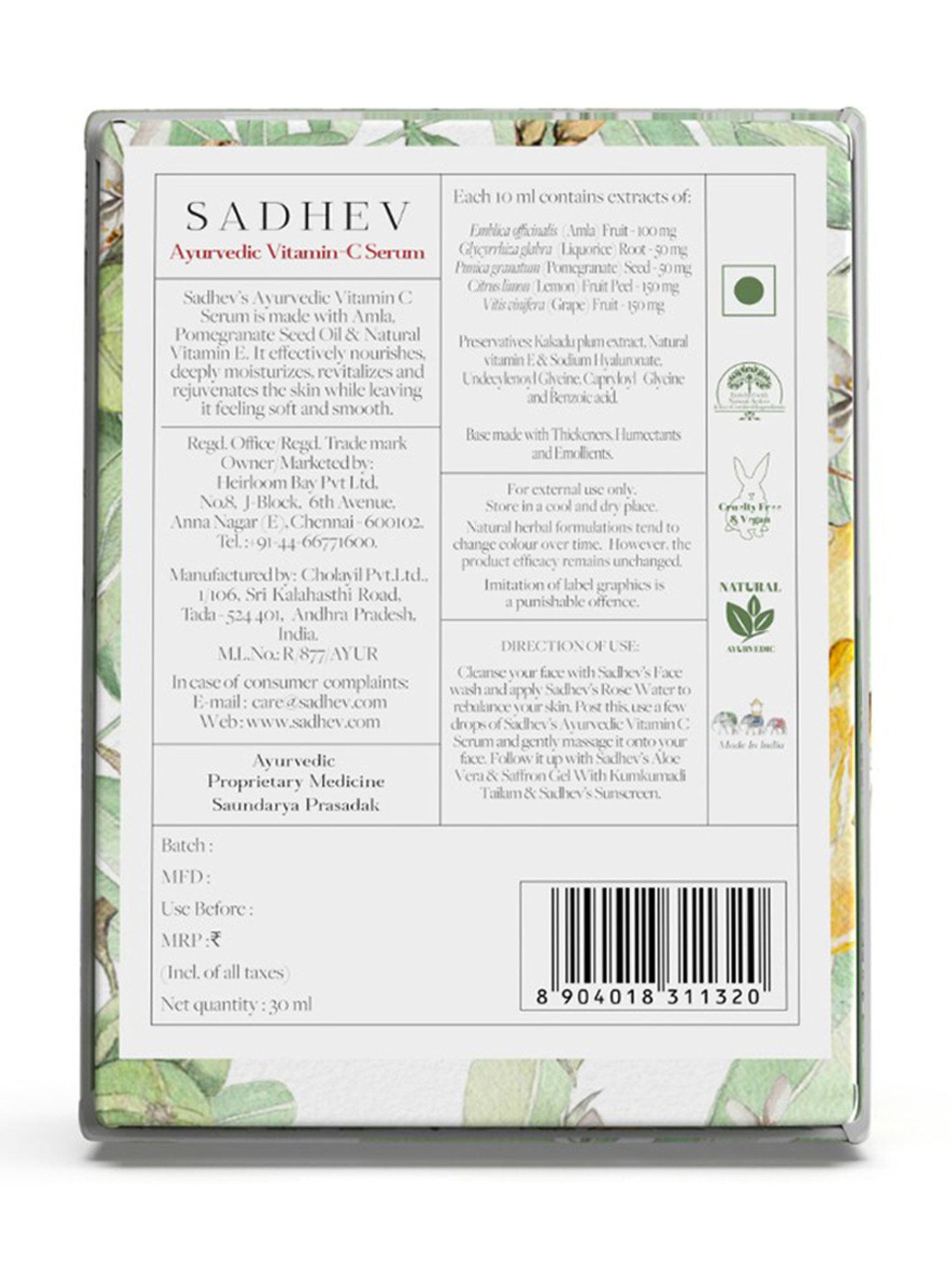 SADHEV The Art Of Ayurveda Ayurvedic Vitamin C Serum - 30 ml