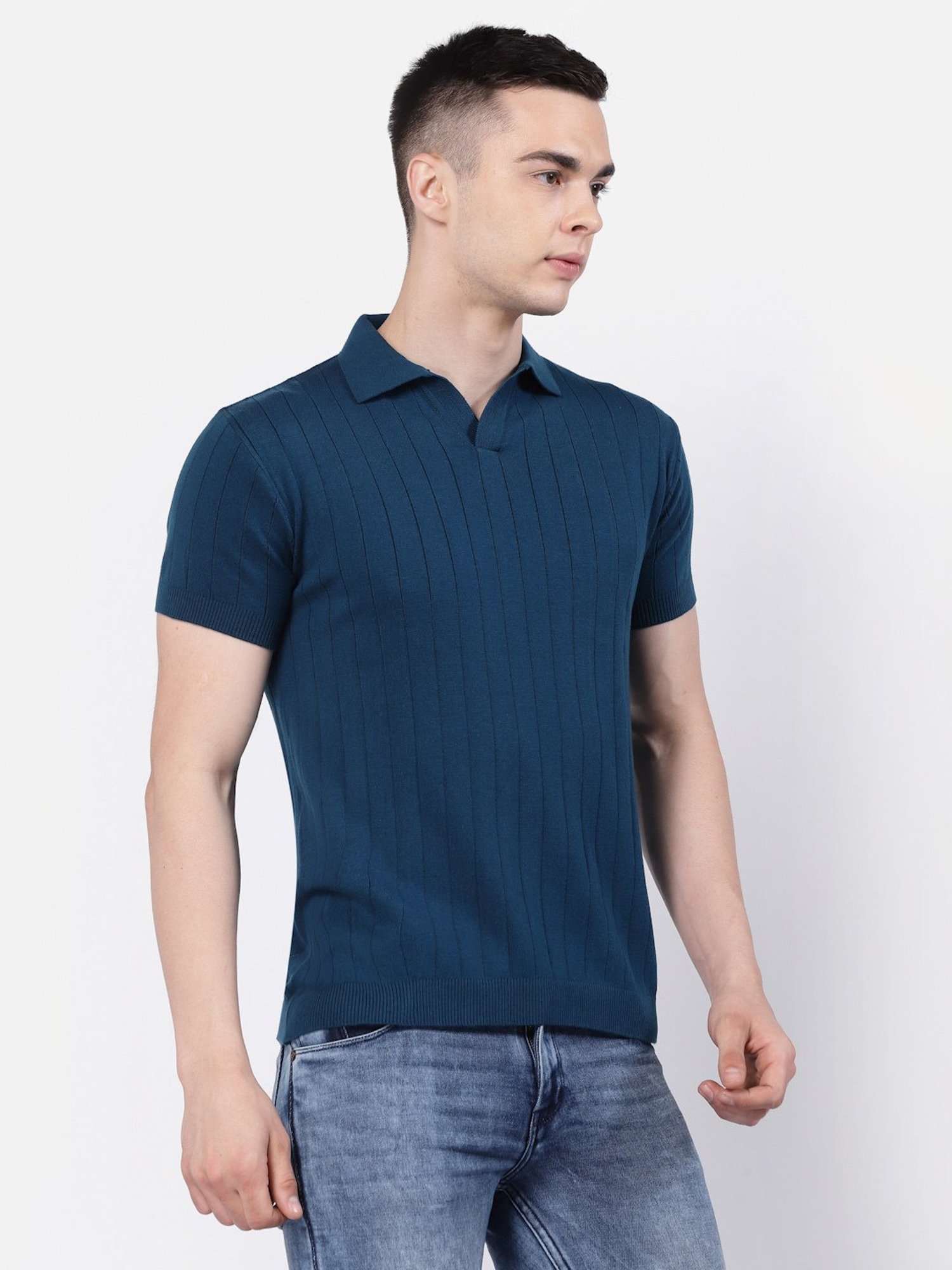 Kalt Teal Regular Fit Striped Polo T-Shirt