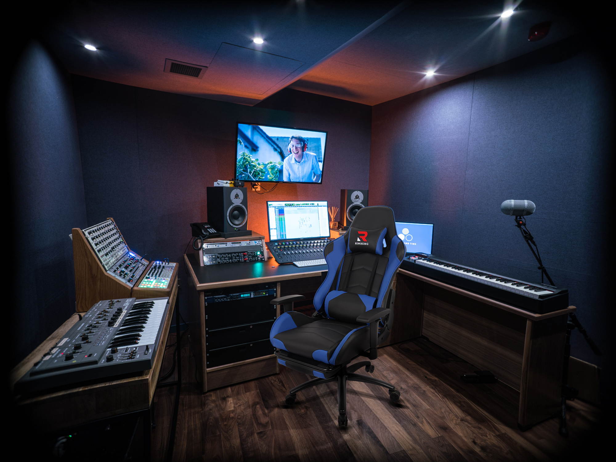 RIMIKINGMassage Gaming Chair with Retractable Footrest-Adjustable Lumbar Cushion Computer Office Racing Chair Headrest Swivel Rocking Desk Chair Ergonomic