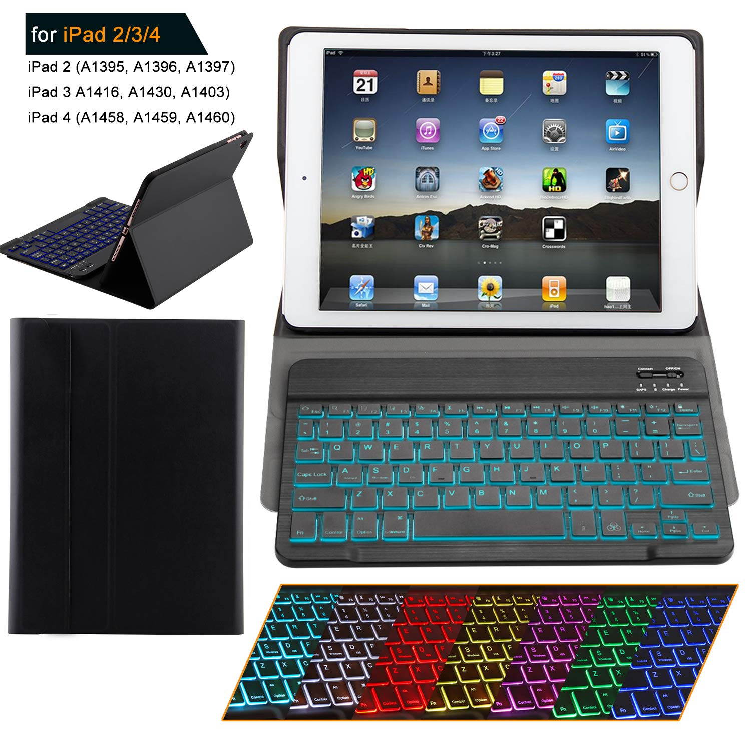 iPad 2 iPad 3 iPad 4 Keyboard Case with Backlight Thin Lightweight PU Leather Removable Wireless Bluetooth Backlit Keyboard Slim Folio Cover Soft Protection for Apple iPad 2nd 3rd 4th Generation