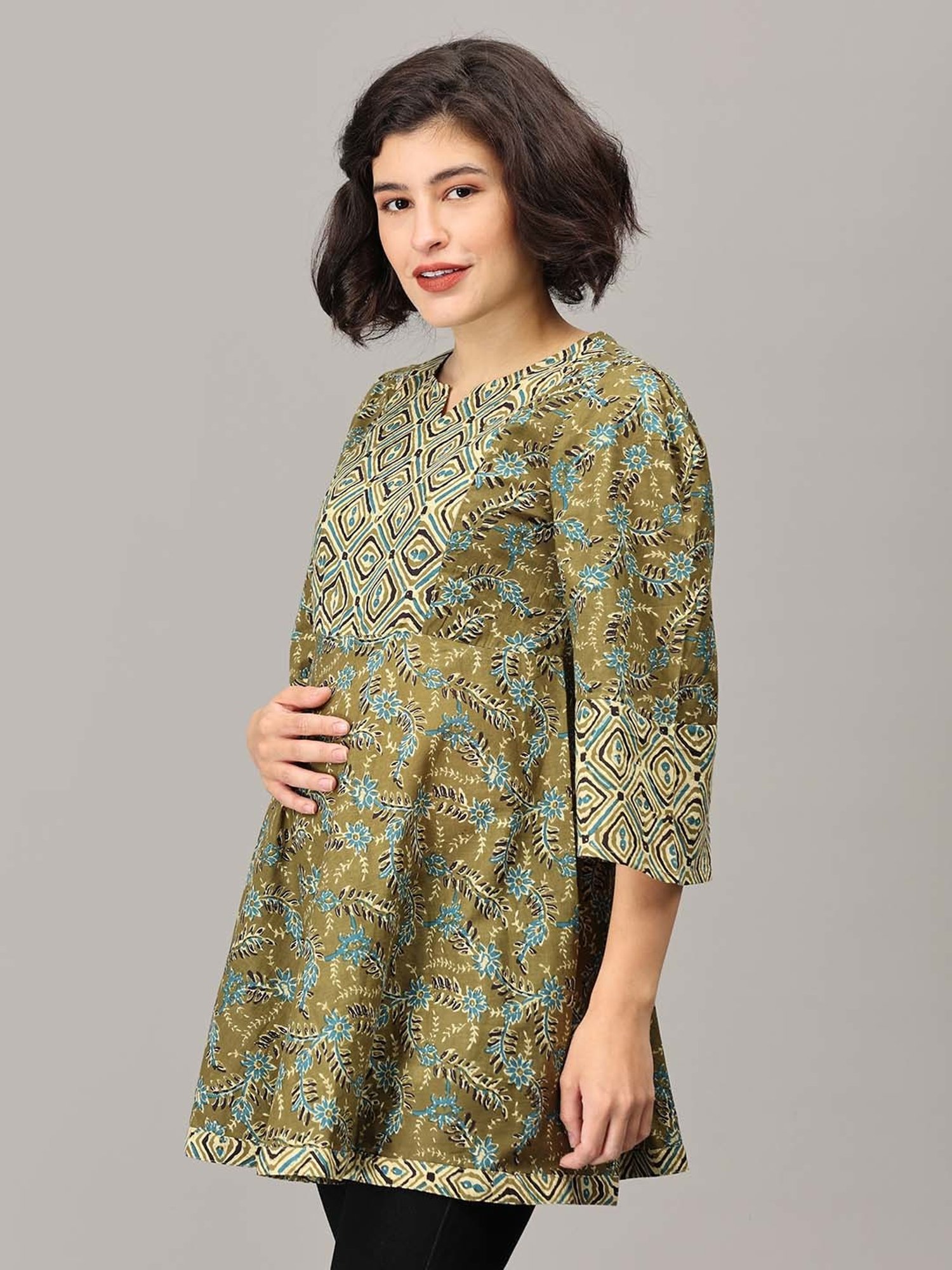 The Mom Store Green Floral Print Maternity Short Kurti