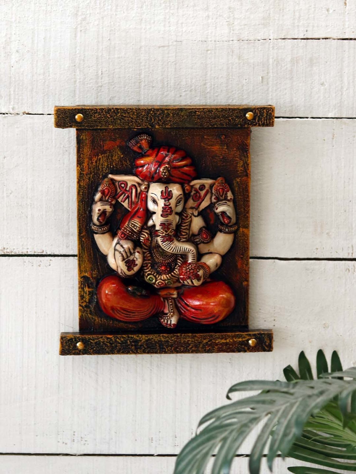 Unravel India 'Ganesh on Meditation' Multicolor Wooden  Wall Showpiece - Set of 1