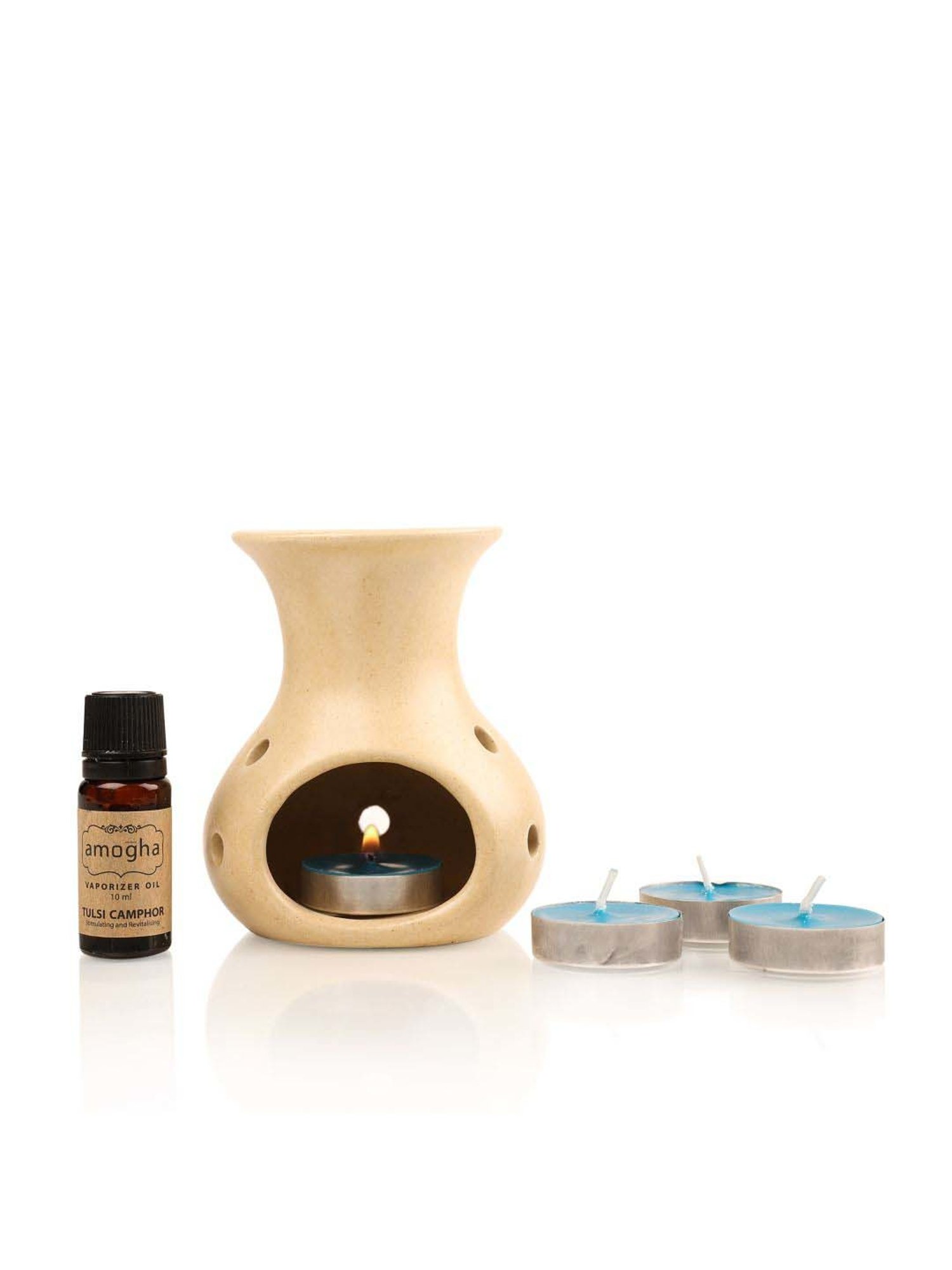 IRIS Ceramic Amogha Tulsi Camphor Fragrance Vaporizer With 4 Tealights And 10Ml Oil
