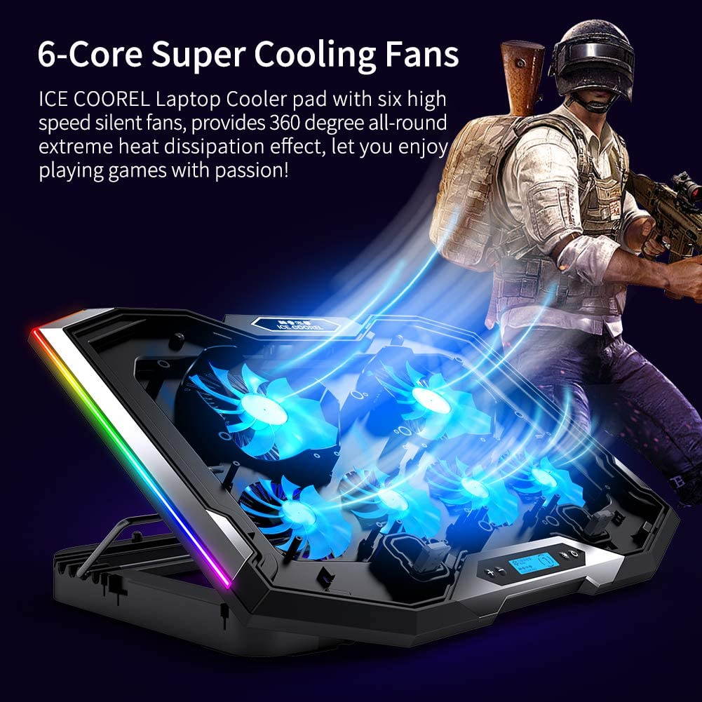 RGB Laptop Cooling Pad 15.6-17.3 Inch, Gaming Laptop Cooler Stand with 6 Quiet Cooling Fans and 6 Height Adjustable, LCD Screen and RGB Lights, Two USB Ports, One Phone Stand