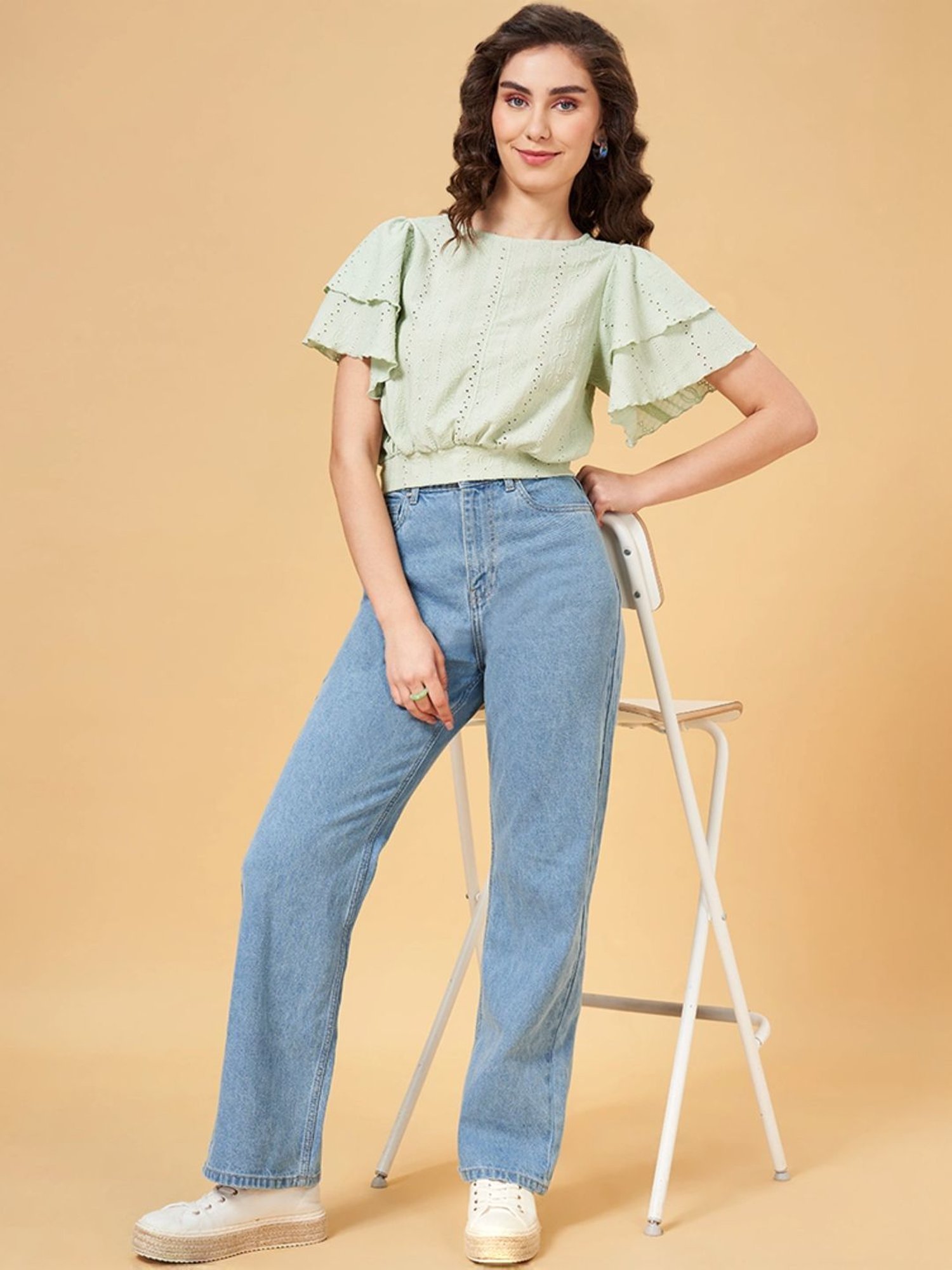 People by Pantaloons Green Self Pattern Crop Top