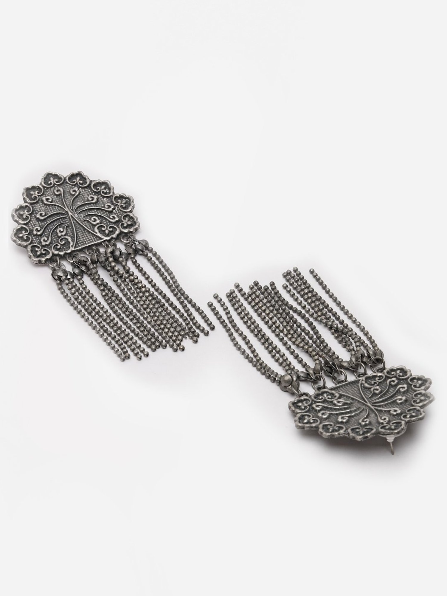Moedbuille Handcrafted Antique Tasselled Design Oxidized Silver-Plated Floral Dangler Earrings