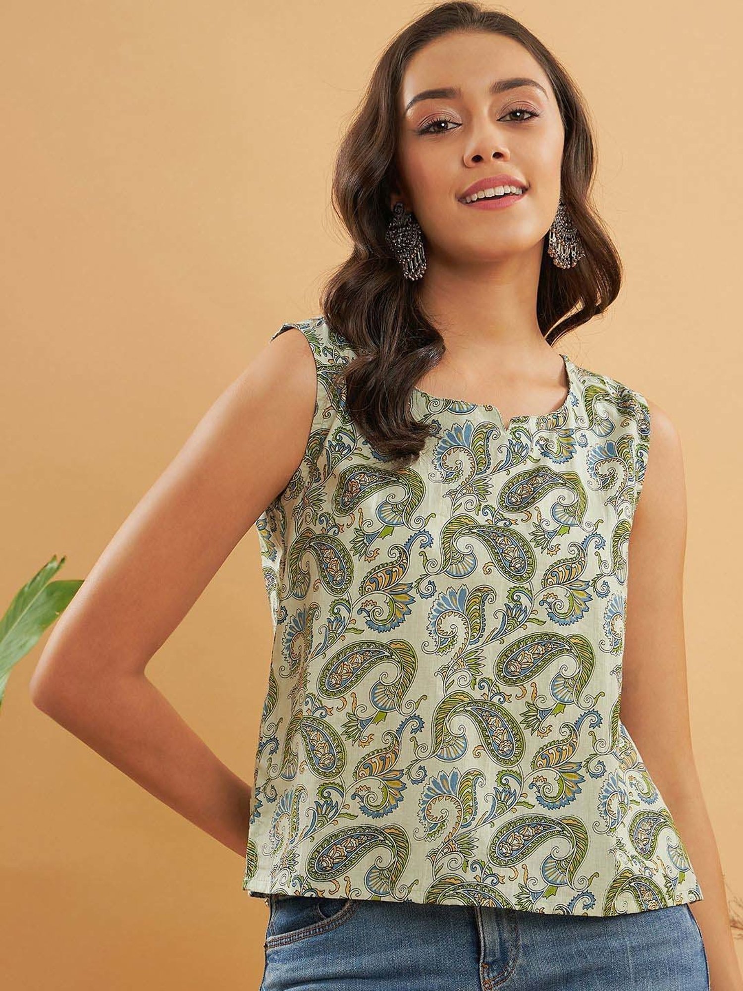 Inweave Sage Green Paisley Pattern Top