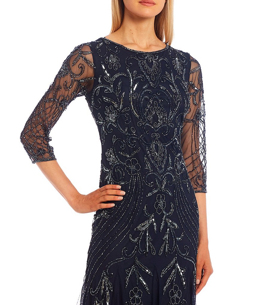 Pisarro Nights 3/4 Sleeve Jewel Neck Long Mesh Beaded Gown With Godets