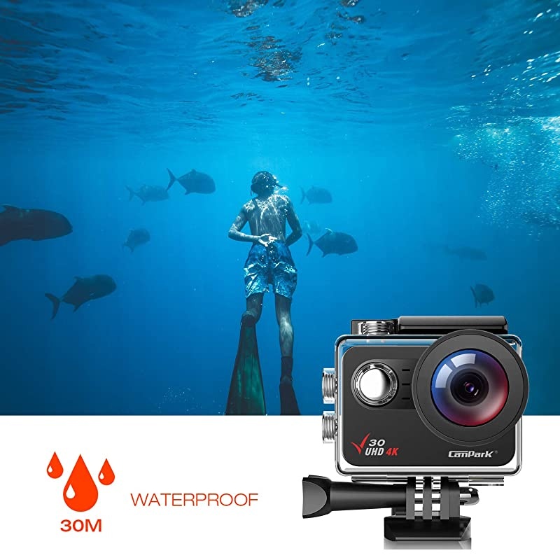V30 Native 4K Action Camera 20MP EIS Touch Screen WiFi Waterproof PC Webcam with Optional View Angle, 2 1350mAh Batteries and Mounting Accessories Kit