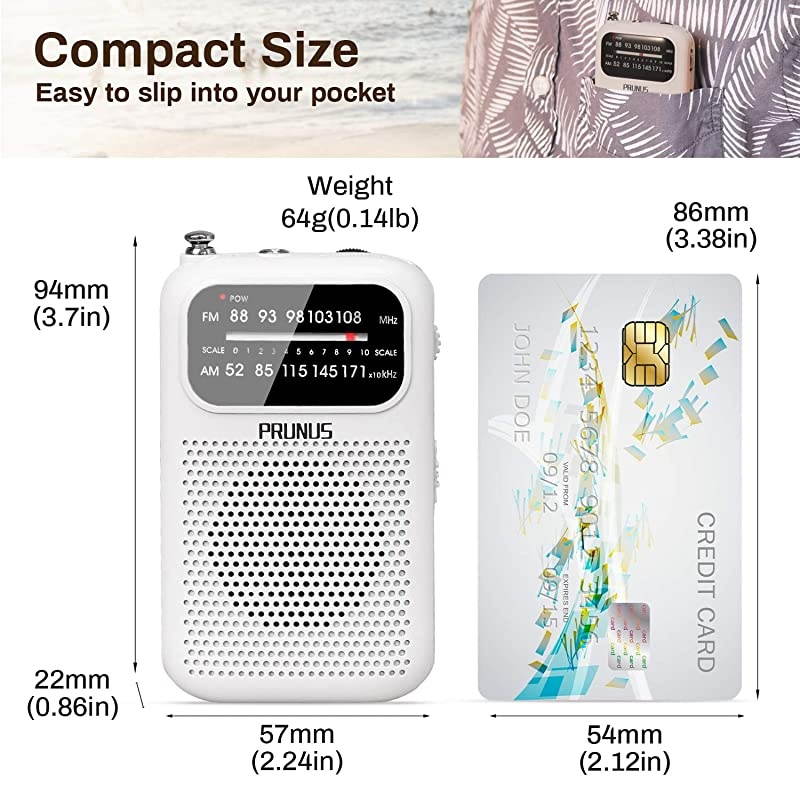 J777 Portable Pocket Radio AM FM Transistor Radio Battery Operated Stereo Headphones Jack Excellent Reception by White