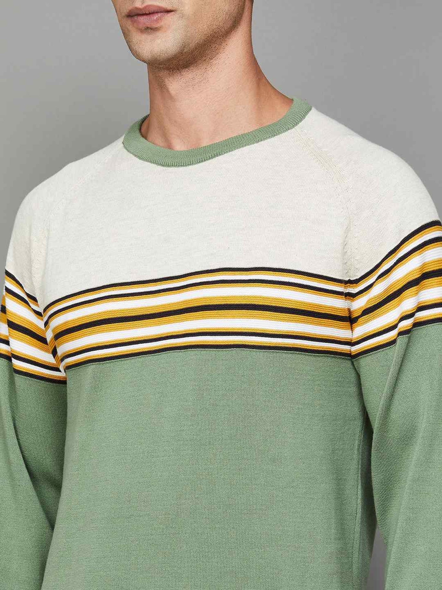 Code by Lifestyle Green & White Cotton Regular Fit Colour Block Sweaters