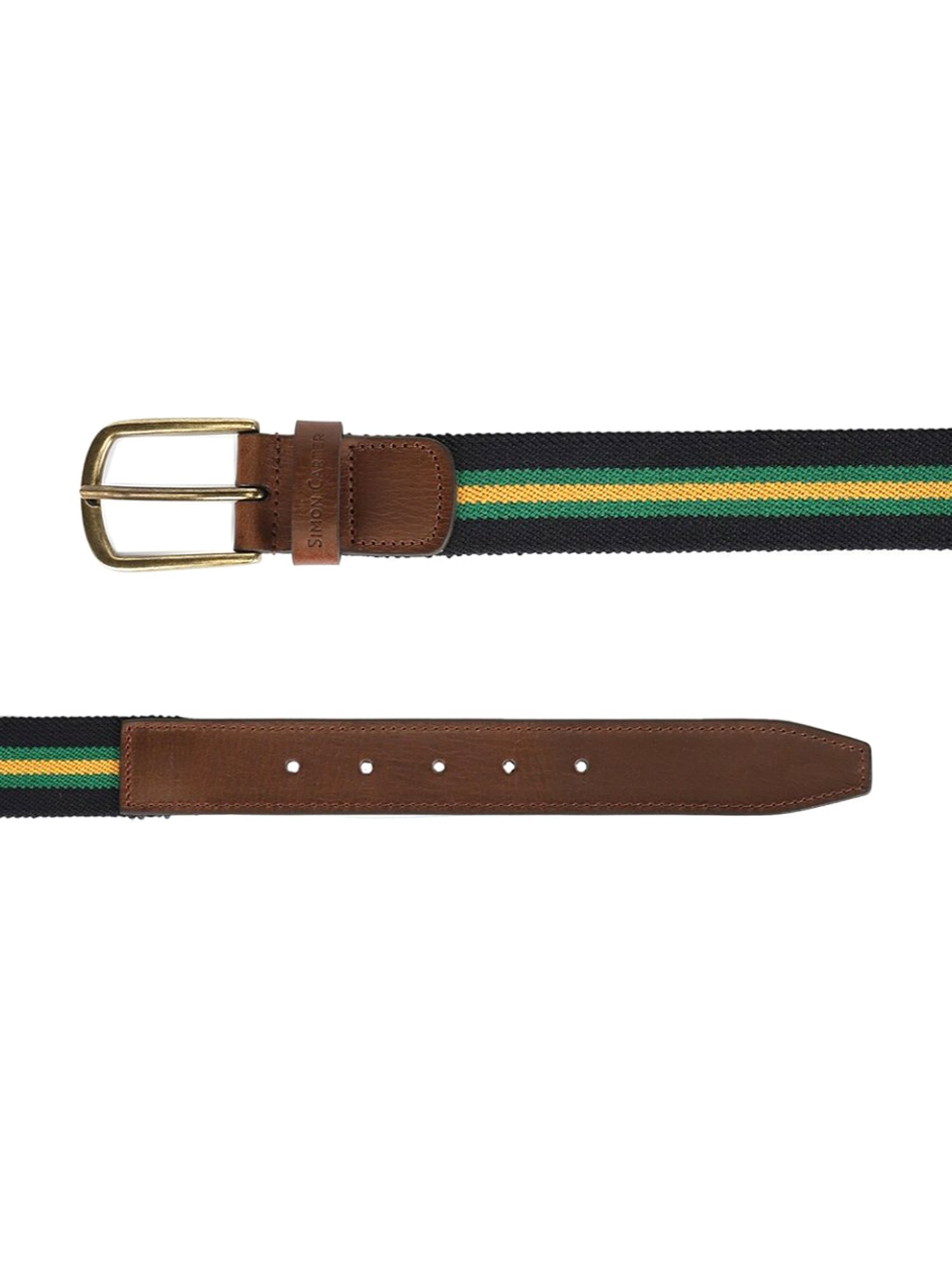 Simon Carter Black Leather Striped Casual Belt for Men