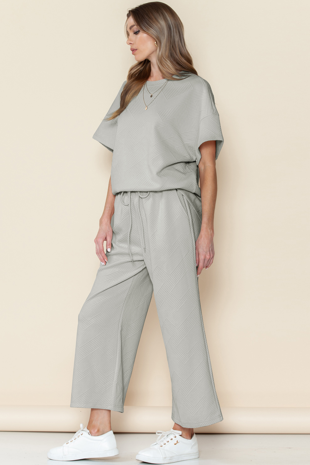 Gray Textured Loose Fit T Shirt & Drawstring Pants Set