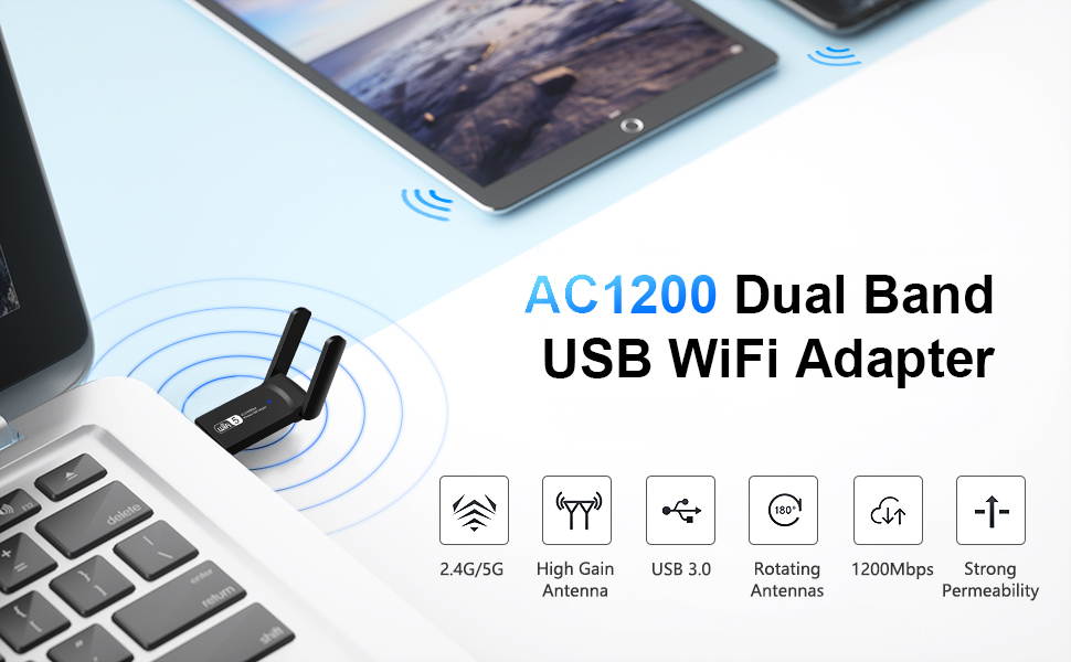 USB WiFi Adapter 1200Mbps Wireless Internet Adapter USB 3.0 WiFi Dongle for PC 802.11AC with 3dBi High Gain Antenna Support Linux Mac OS 10.9~10.15 Windows 10/8.1/8/7/ XP System, Easy to Use