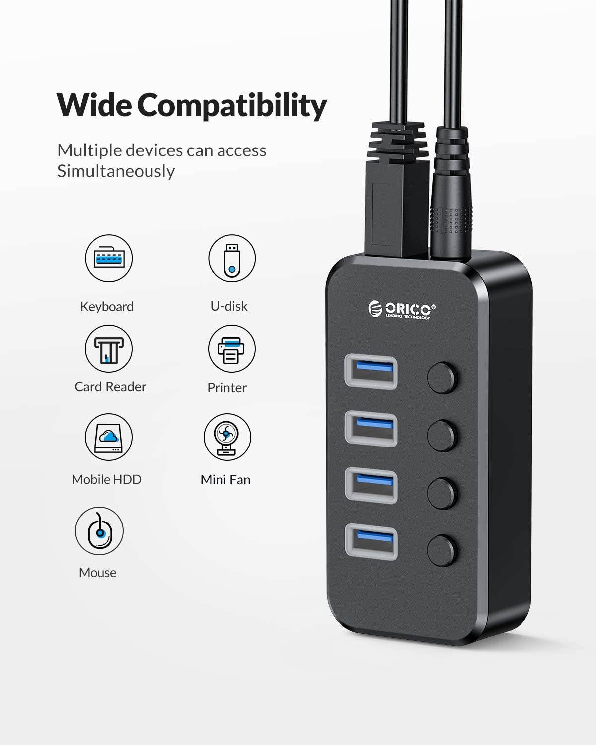 USB 3.0 Hub, Portable SuperSpeed 4 Port USB 3.0 Hub with Built-in Cable , USB Extension Multi-function USB Dock Hot Swapping Support for  Mac, PC, USB Flash Drives and Other Devices