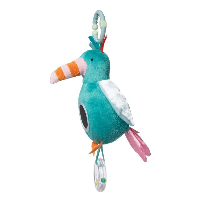 Manhattan Toy Fantasy Bird Clip-on Baby Travel Toy with Baby-Safe Mirror, Ring Rattle and Teether