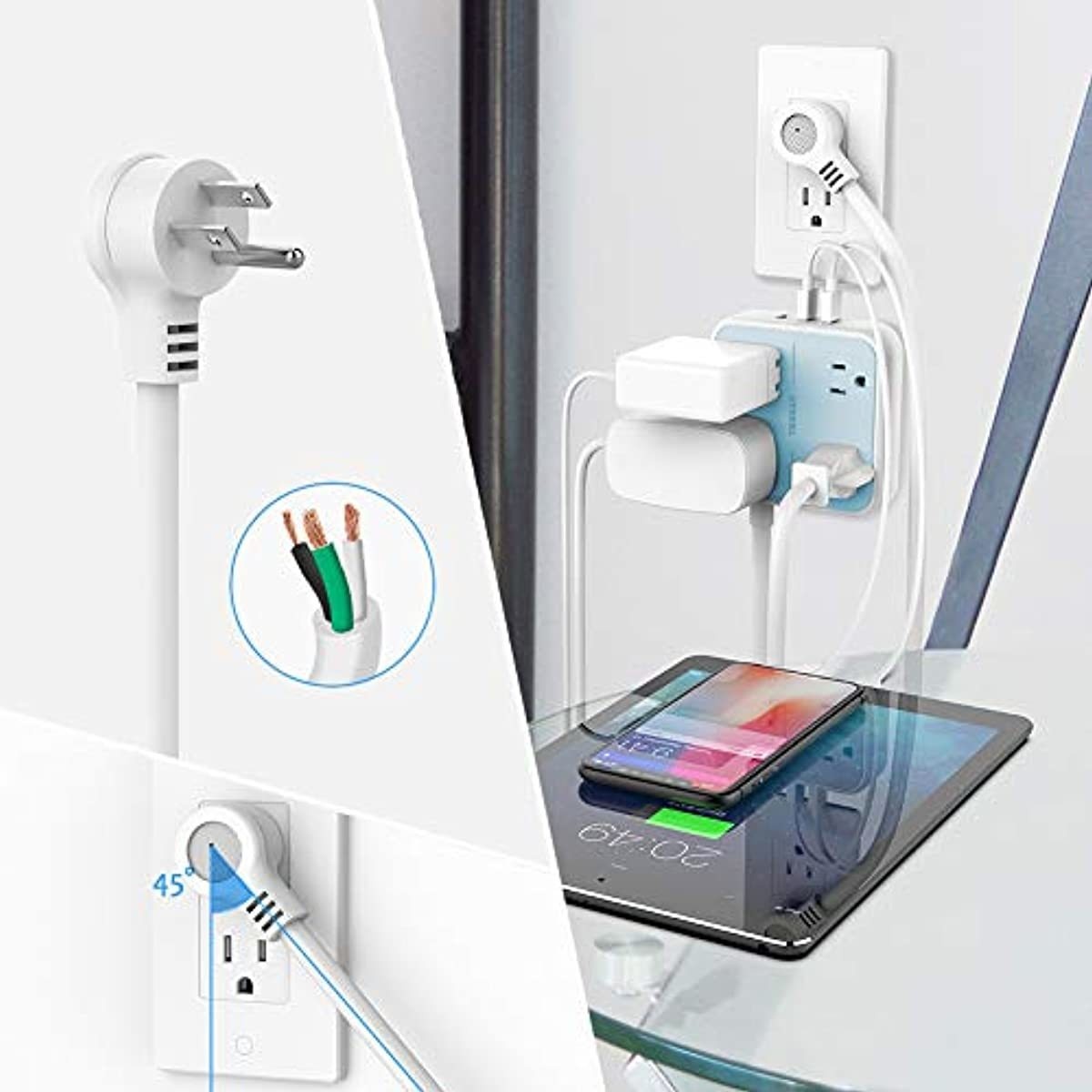 Flat Plug USB Power Strip with 9.8 FT Extension Cord, TESSAN 4 Widely Spaced Outlets 3 USB Charging Station, Compact Wall Mountable, 1250W/10A for Home, Office, Dorm Essentials, Blue