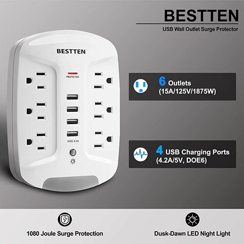 Wall Outlet USB Charger with LED Night Light and Surge Protector (1080 Joules), 4 USB Ports (5V/4.2A), 6 AC Outlets (15A/125V/1875W), Photocell Night Light, ETL Listed, White