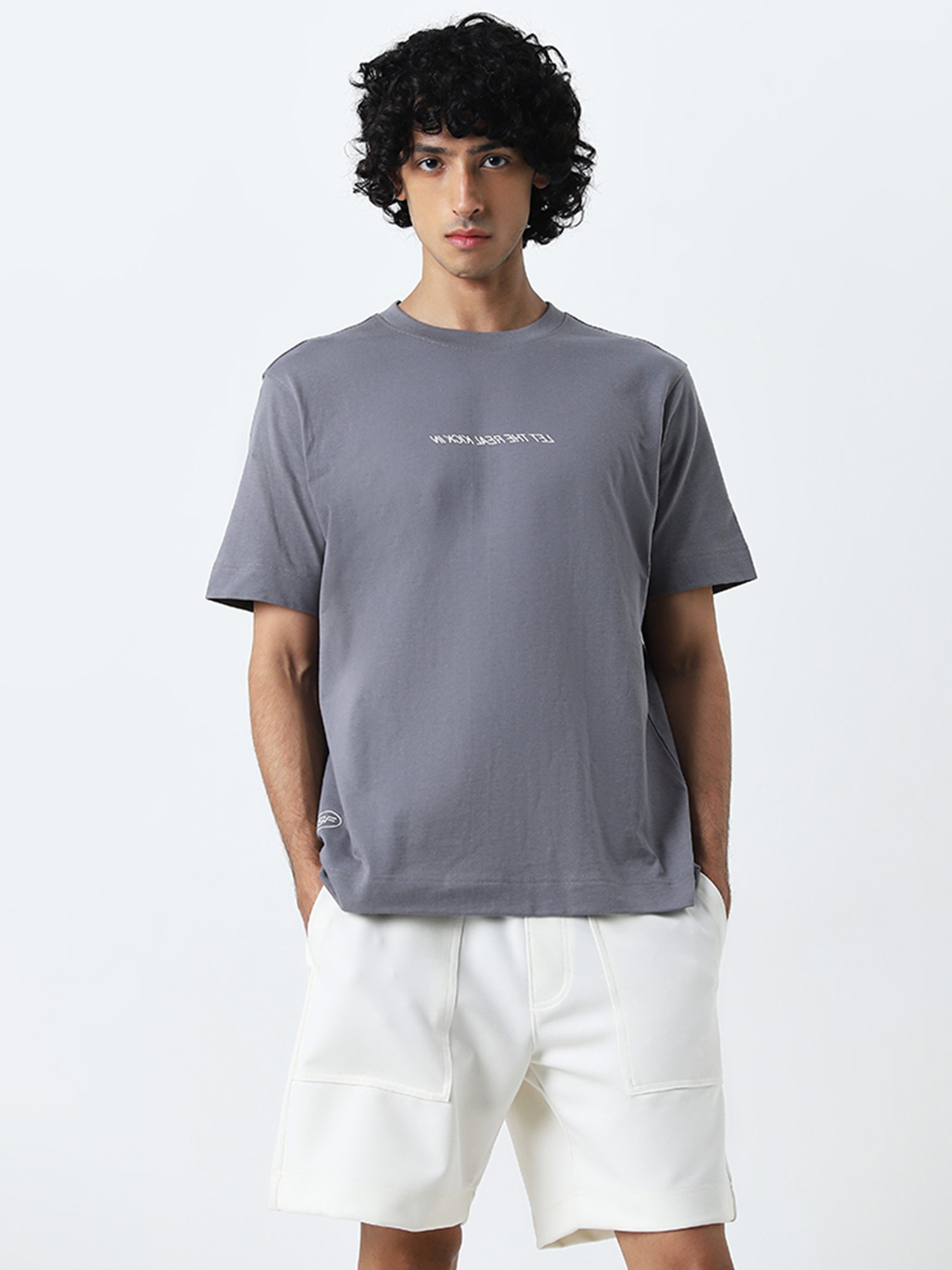 Studiofit by Westside Grey Text Printed Relaxed-Fit Cotton T-Shirt