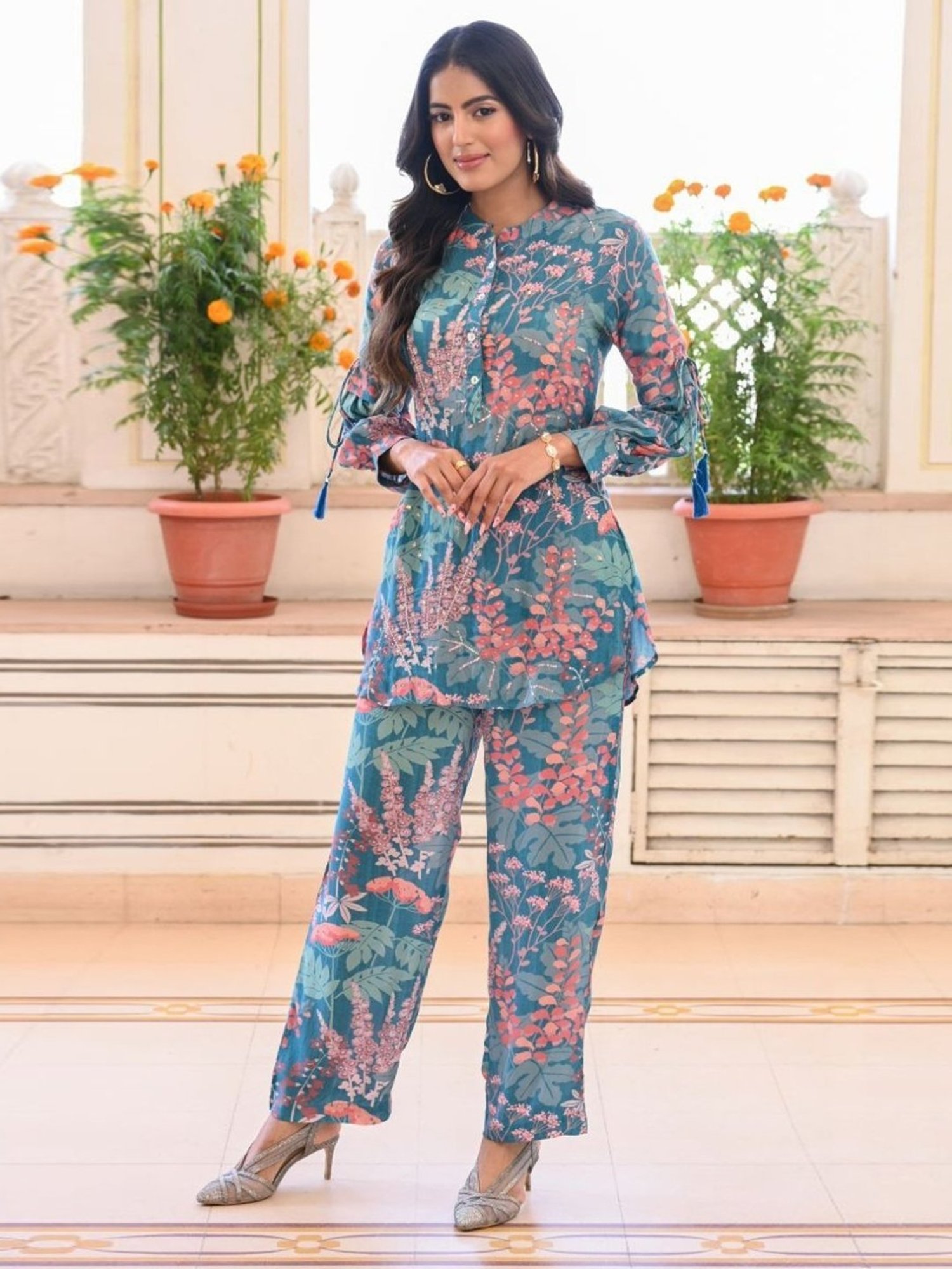 Mahee Jaipur Blue Leafy Tunic with Pant Co-ord Set