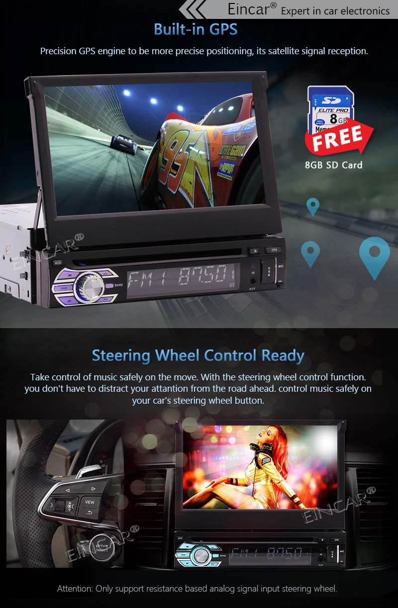 EinCar Single Din Car Stereo GPS Radio Bluetooth CD DVD Player System in Dash AM FM Retractable HD Touch Screen Detachable Front Panel Head Unit Support SWC Remote Control + Rear View Camera