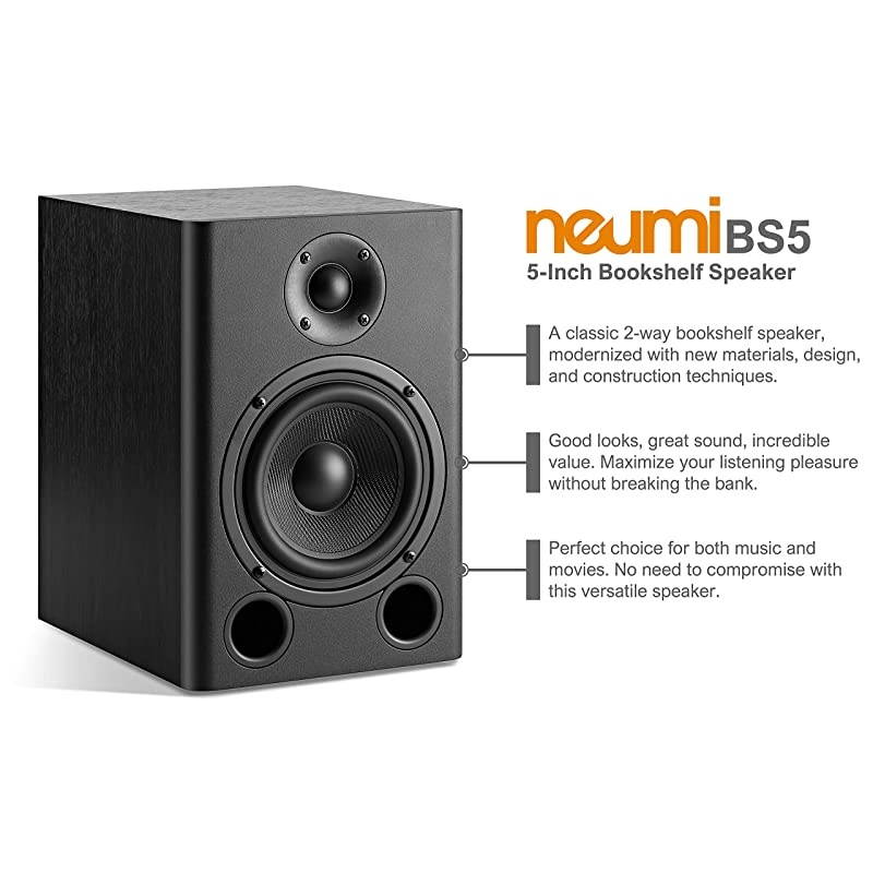 BS5 Passive Bookshelf Speakers, 5-Inch Woofer, 1-Inch Tweeter, Dark Wood, 1 Pair
