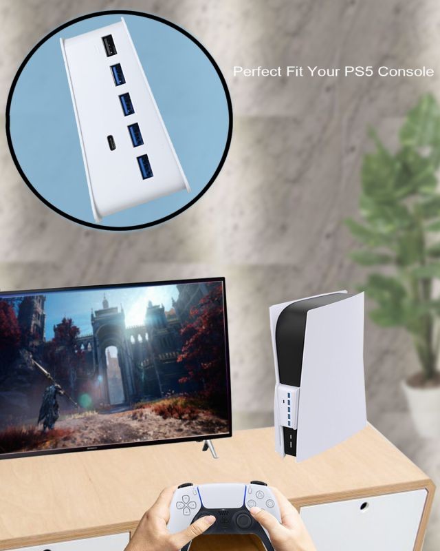 PS5 Console USB HUB, PS5 Extender 5 Port High-Speed Transmission Expansion Adapter Converter Splitter With 4 USB + 1 USB Charging Port + 1 Type C 3.1 Port for PS5 Drive Version &  Digital Version