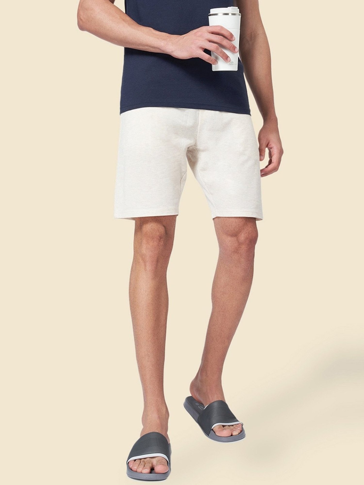 Ajile by Pantaloons Oat Melange Cotton Slim Fit Lounge Shorts
