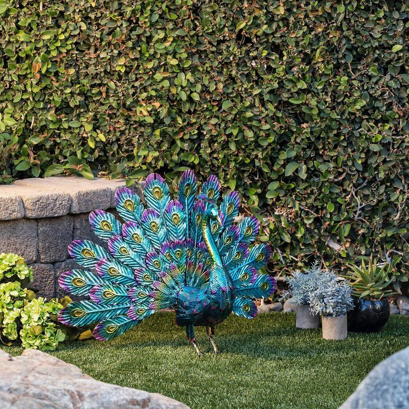 22" Metal Feather Spread Peacock Outdoor Decor Statue - Alpine Corporation