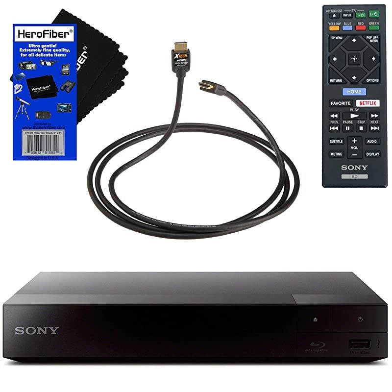 Sony BDP-S3700 Blu-Ray Disc Player with Built-in Wi-Fi + Remote Control + Xtech High-Speed HDMI Cable w/Ethernet +  Gentle Cleaning Cloth
