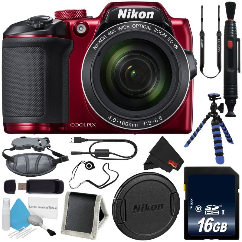 Nikon COOLPIX B500 Digital Camera (Red) 26508 (Intl Model)+ 16GB SDHC Class 10 Memory Card + Memory Card Wallet + Lens Pen Cleaner + Pro Hand Camera Grip + SD Card USB Reader Bundle