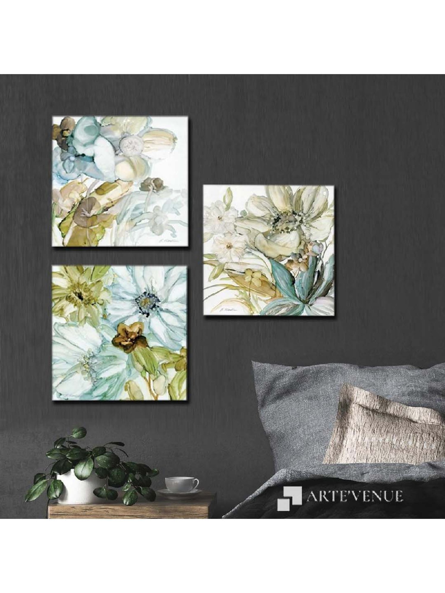 ARTE'VENUE Seaglass Garden Blue & Green Canvas Wall Arts - Set of 3 (10 X 10 inch Each)