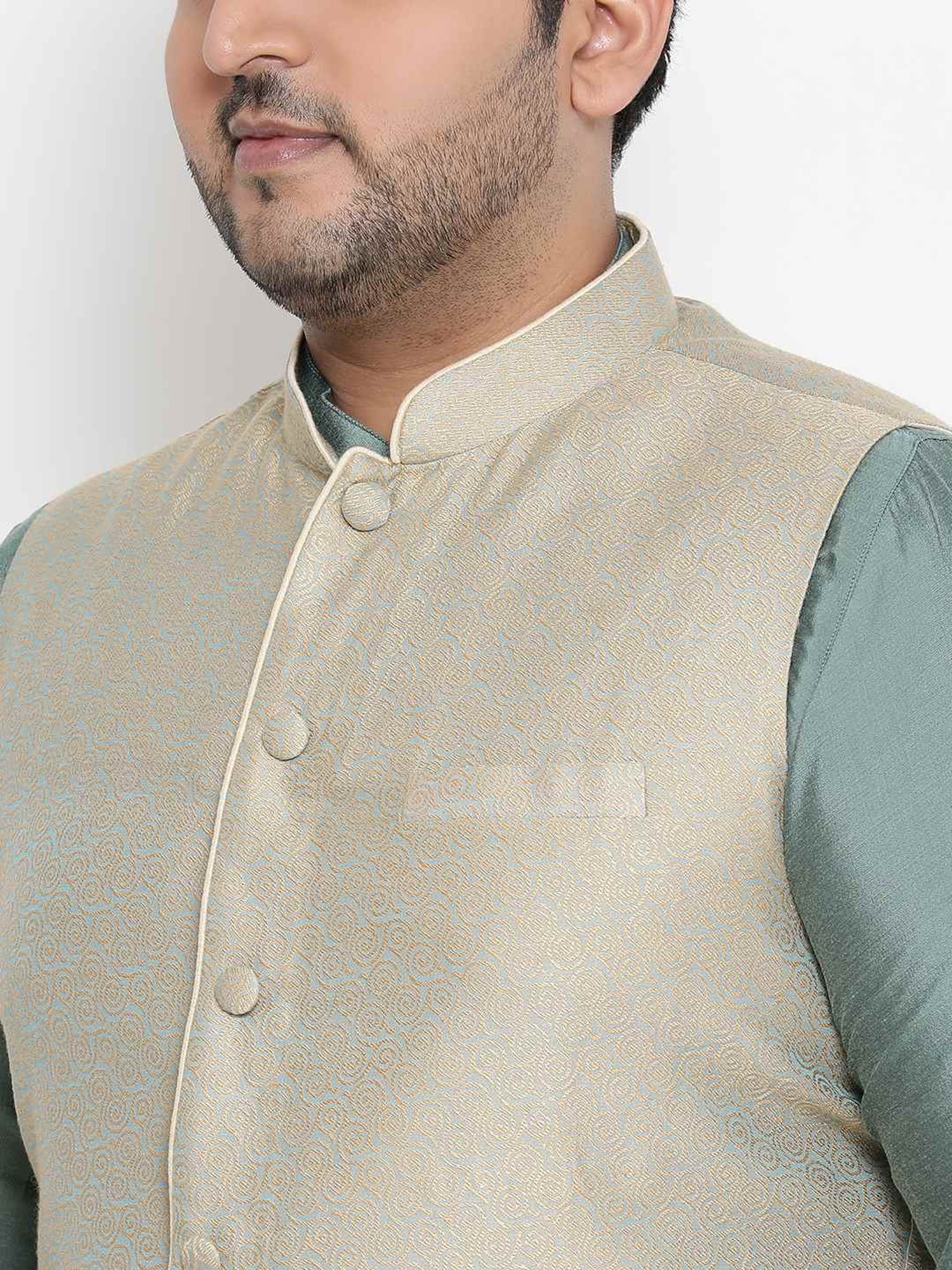 KISAH PLUS Sage Green Regular Fit Jacquard Nehru Jacket