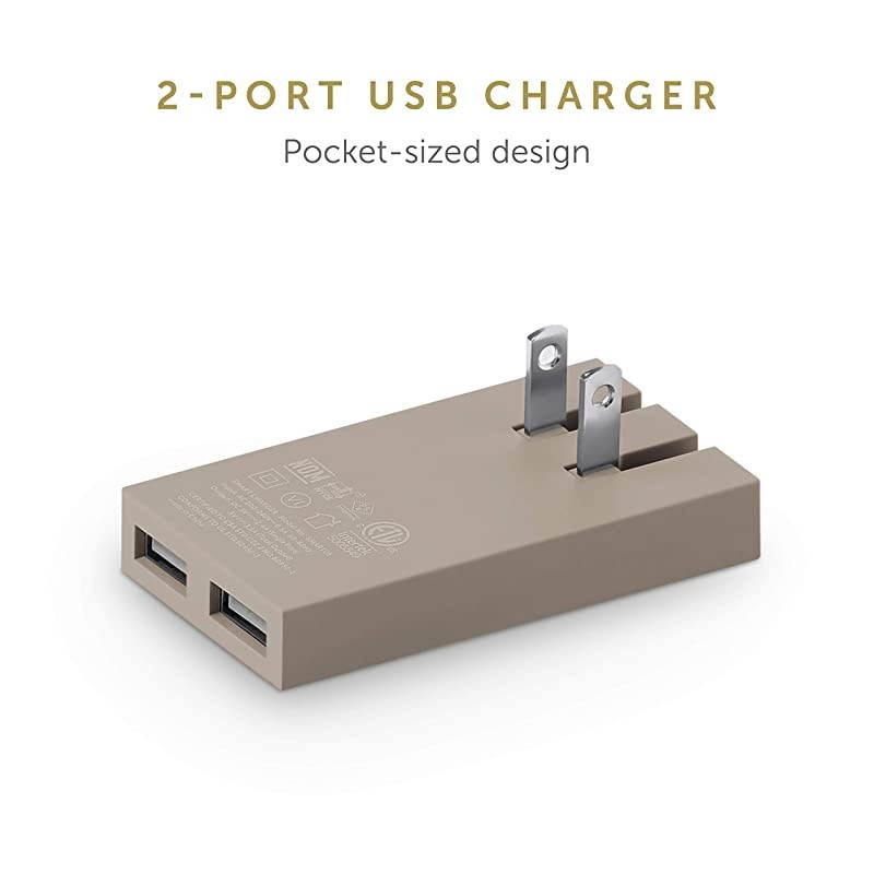 Smart Charger - Slim 2-Port Foldable USB-A Universal Wall Charger with Smart IC Technology - Quick Charging Compatible with iPhone, iPad, Smartphones and Tablets (Taupe/Fabric)