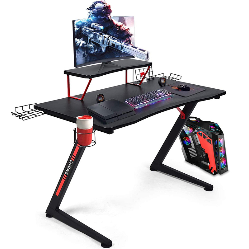 GTRACING Gaming Desk Computer Office PC Gamer Table Pro Racing Style Professional Game Station Z-Shaped with Monitor Stand Shelf, Gaming Controller Tablet Stand & Cup Holder, Black