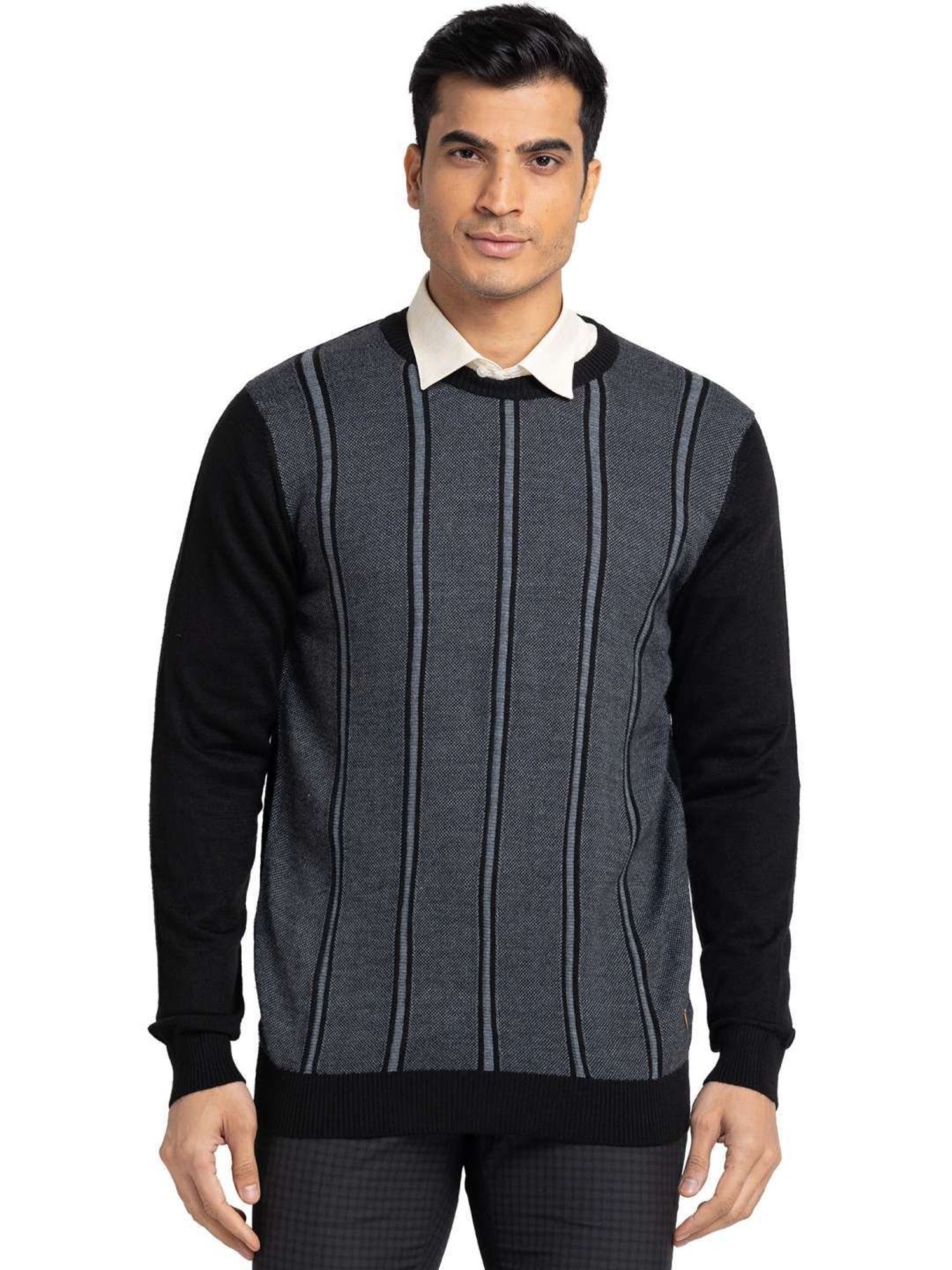 Raymond Black Regular Fit Striped Sweater