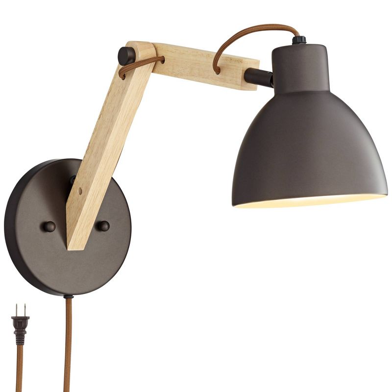 Barnes and Ivy Industrial Wall Lamp Bronze Wood Plug-In Light Fixture Adjustable Arm Metal Shade for Bedroom Living Room Reading