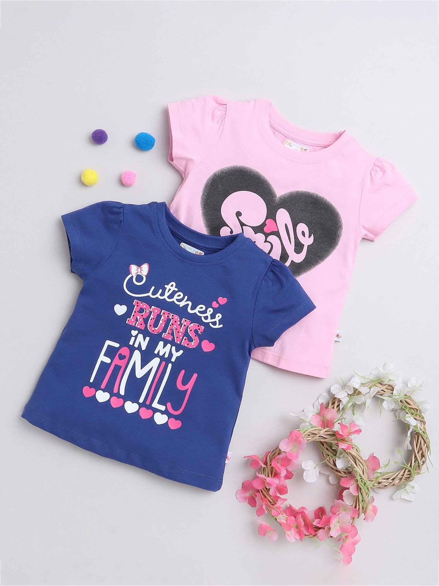 Bumzee Kids Pink & Royal Blue Printed T-Shirt (Pack Of 2)