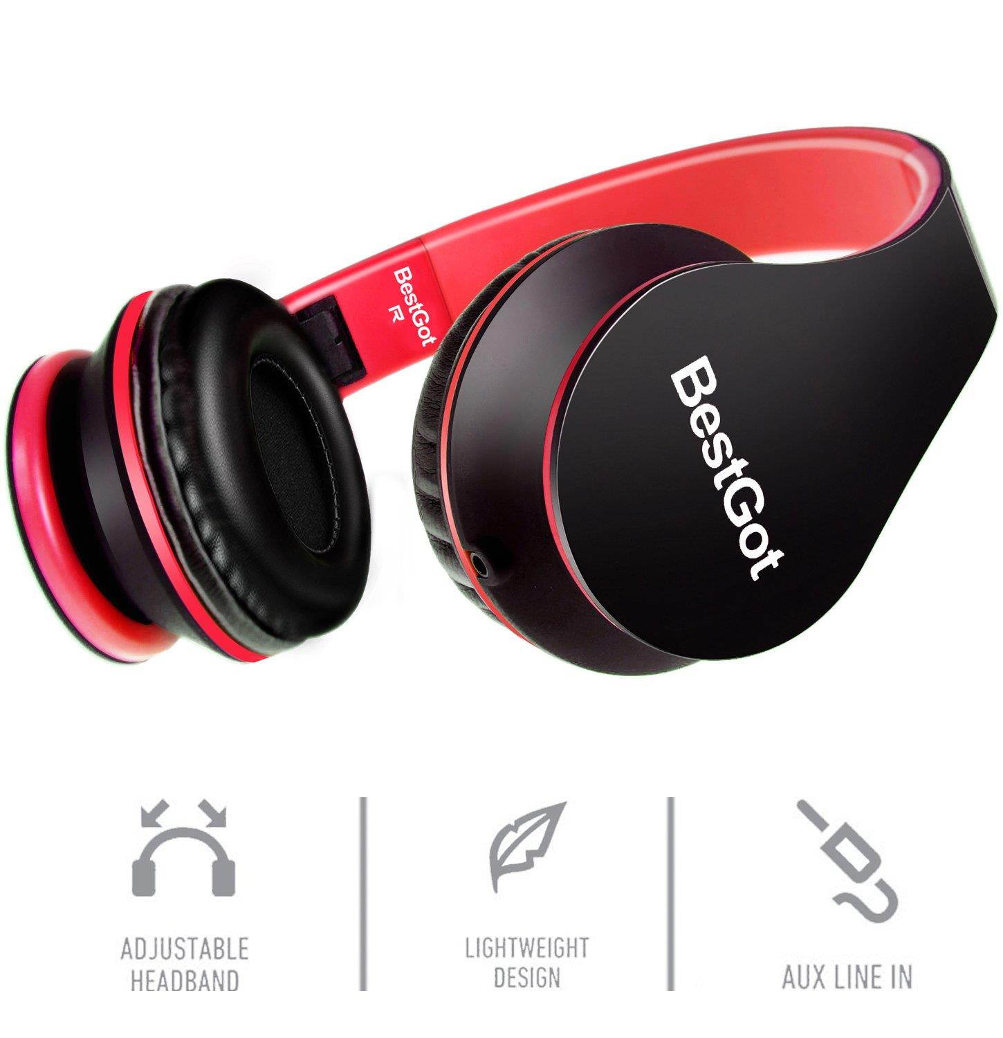 BestGot Headphones for Kids Boys Over Ear Kids Headphones with Microphone in-line Volume with Cloth Bag Foldable Headphones with 3.5mm Plug Removable Cord (Black/Red)