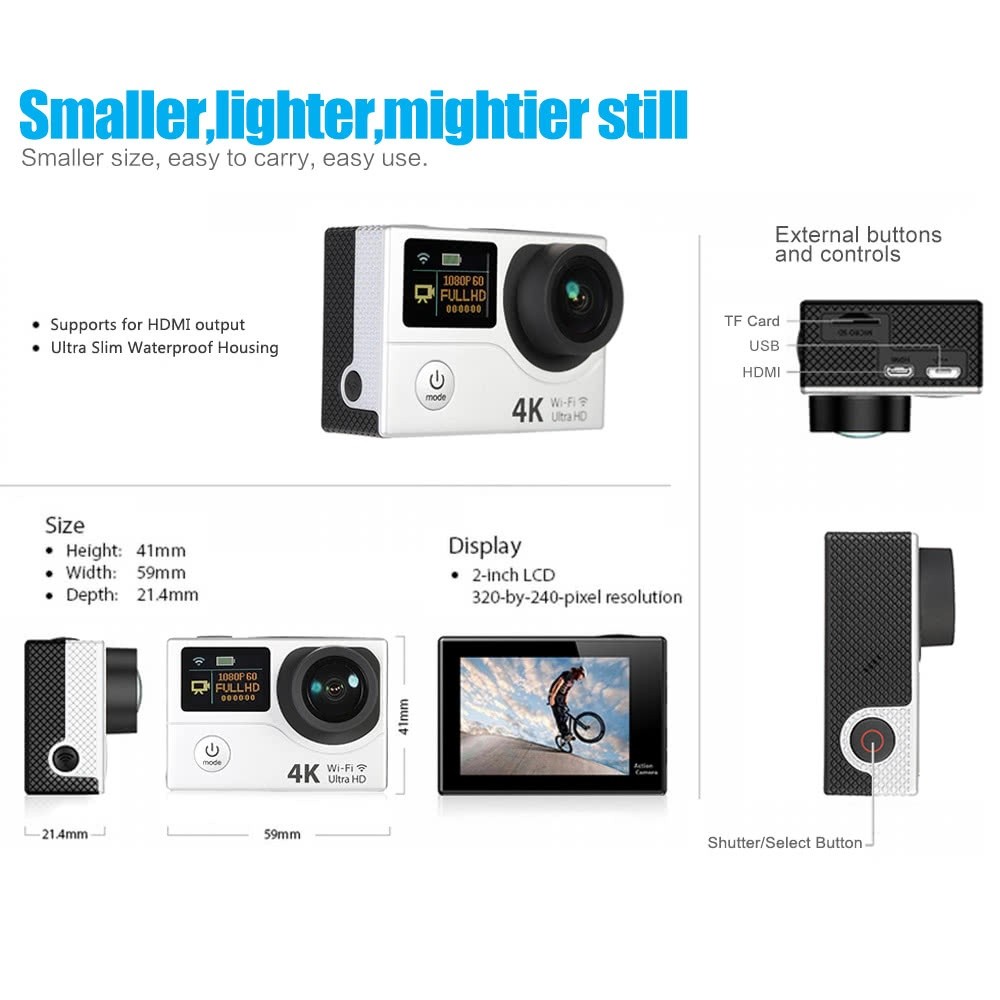 Waterproof 2 Inch Dual Screen LCD Ultra HD Wifi Sports Action 4K Camera