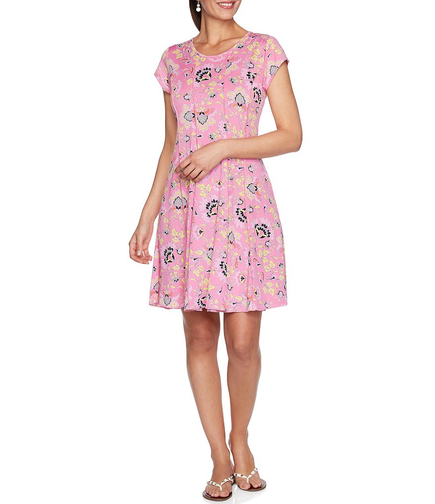 Ruby Rd. Petite Size Dotted Floral Puff Print Round Neck Short Sleeve A-Line Dress