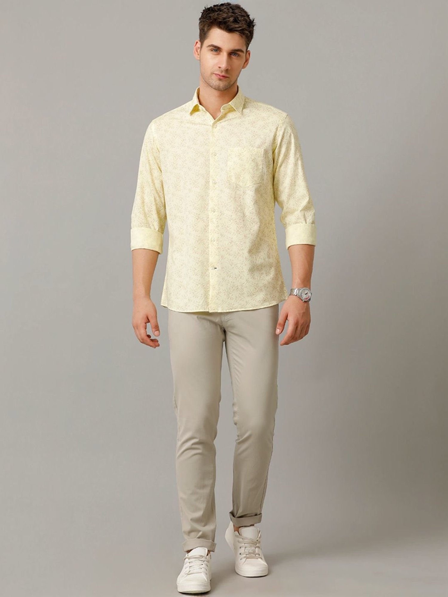 Cavallo By Linen Club Yellow Linen Contemporary Fit Printed Shirt