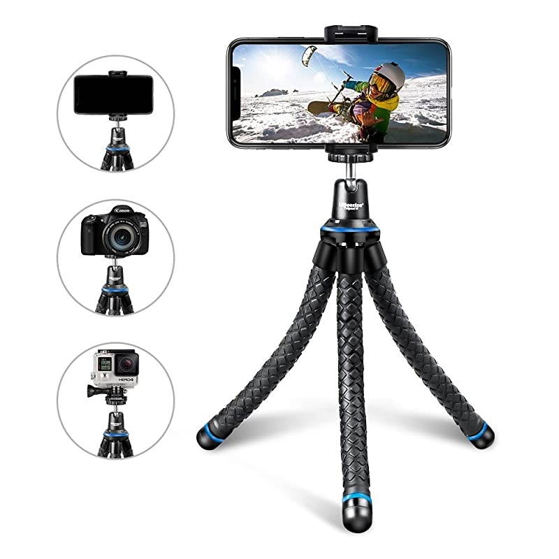 Flexible Cell Phone Tripod, Mini Travel Tripod Stand with Wireless Remote Shutter, Universal Adapter Compatible with iPhone, Android, GoPro, DSLR, Action Camera. (Blue)