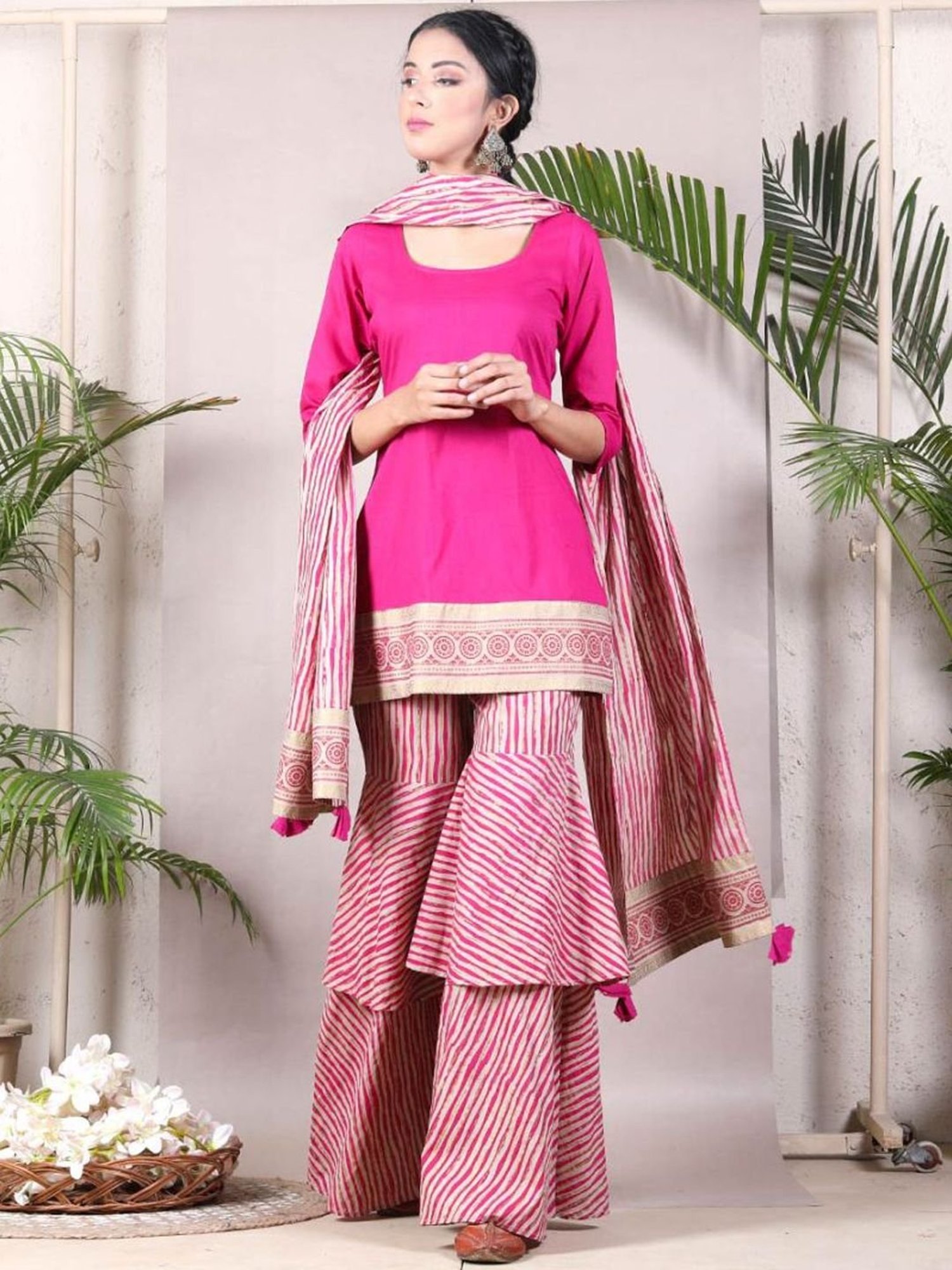 Rustorange Magenta & Beige Kurta & Ruffle Pant Set with Dupatta