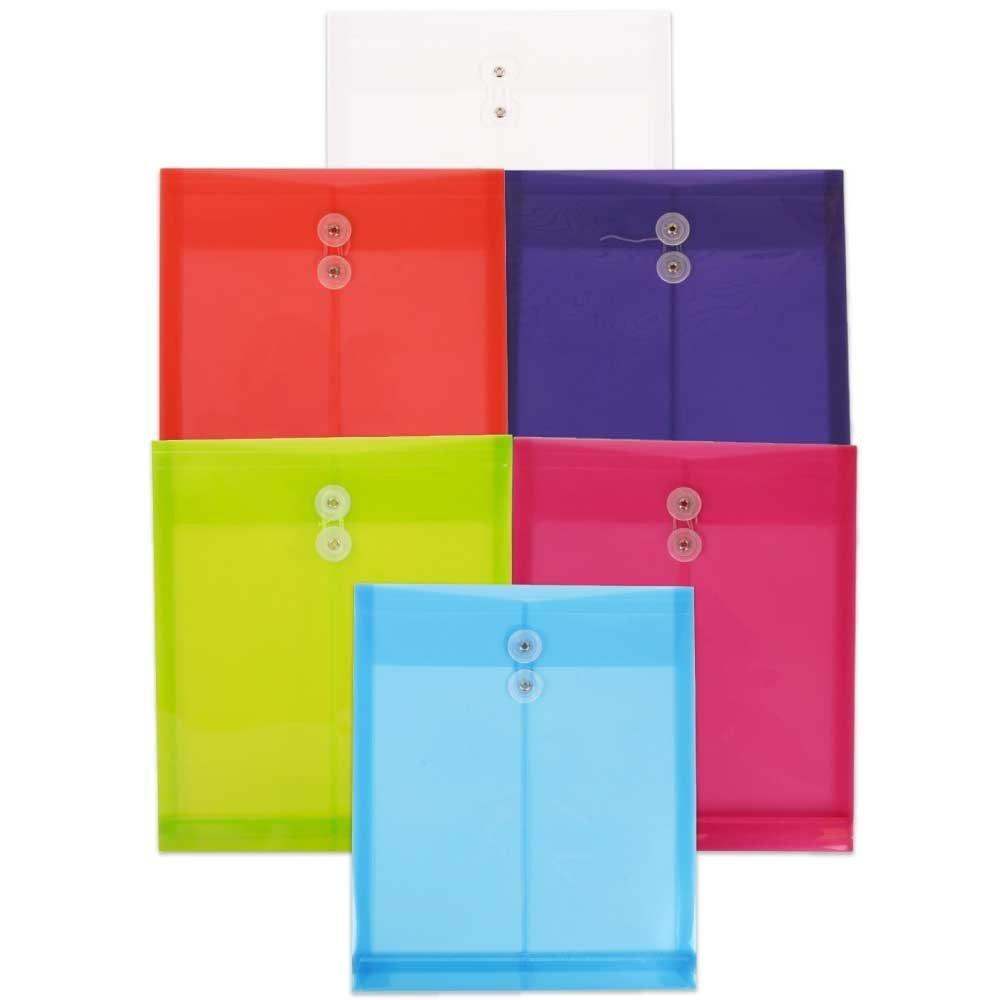 JAM PAPER Plastic Envelopes with Button & String Tie Closure - Letter Open End - 9 3/4 x 11 3/4 - Assorted Colors - 6/Pack