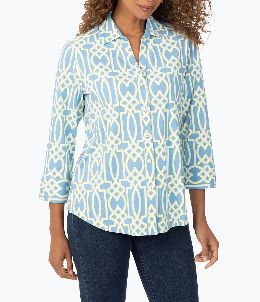 Foxcroft Mary 3/4 Sleeve Geo Print Side Slit Shaped Button Front Shirt